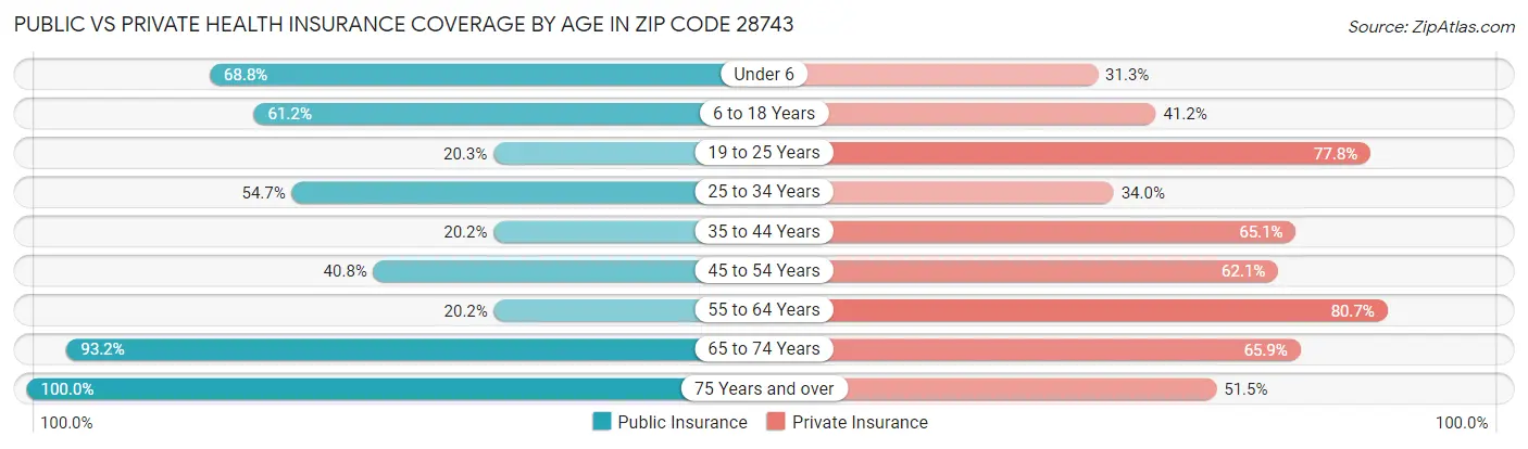 Public vs Private Health Insurance Coverage by Age in Zip Code 28743