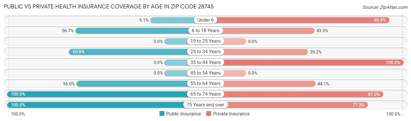 Public vs Private Health Insurance Coverage by Age in Zip Code 28745
