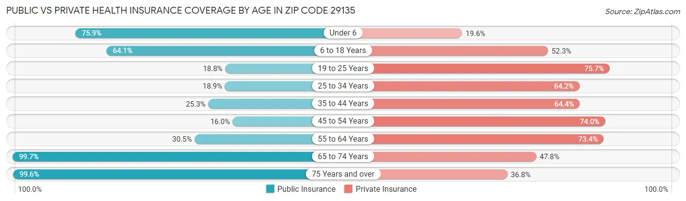 Public vs Private Health Insurance Coverage by Age in Zip Code 29135