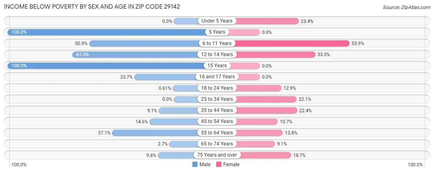 Income Below Poverty by Sex and Age in Zip Code 29142