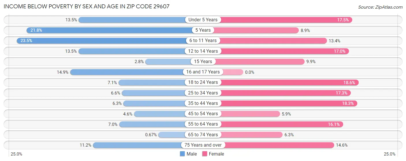 Income Below Poverty by Sex and Age in Zip Code 29607