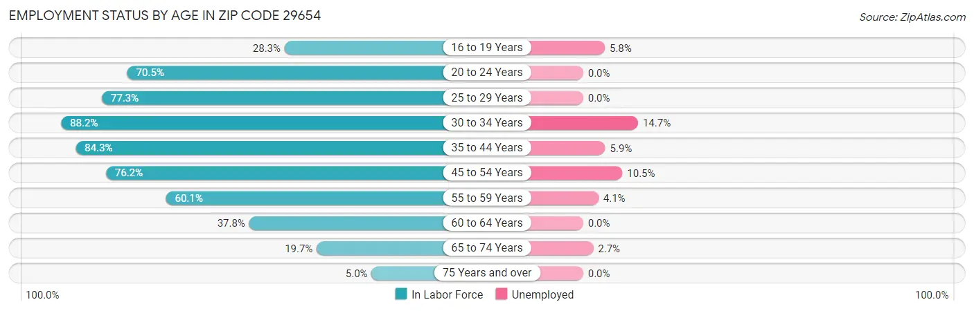 Employment Status by Age in Zip Code 29654