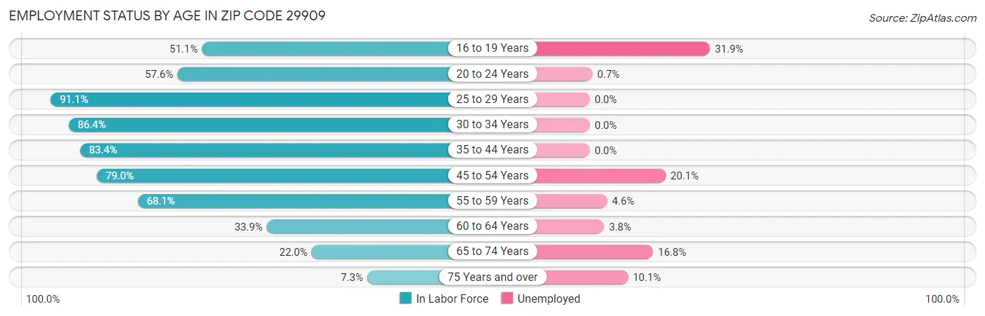 Employment Status by Age in Zip Code 29909