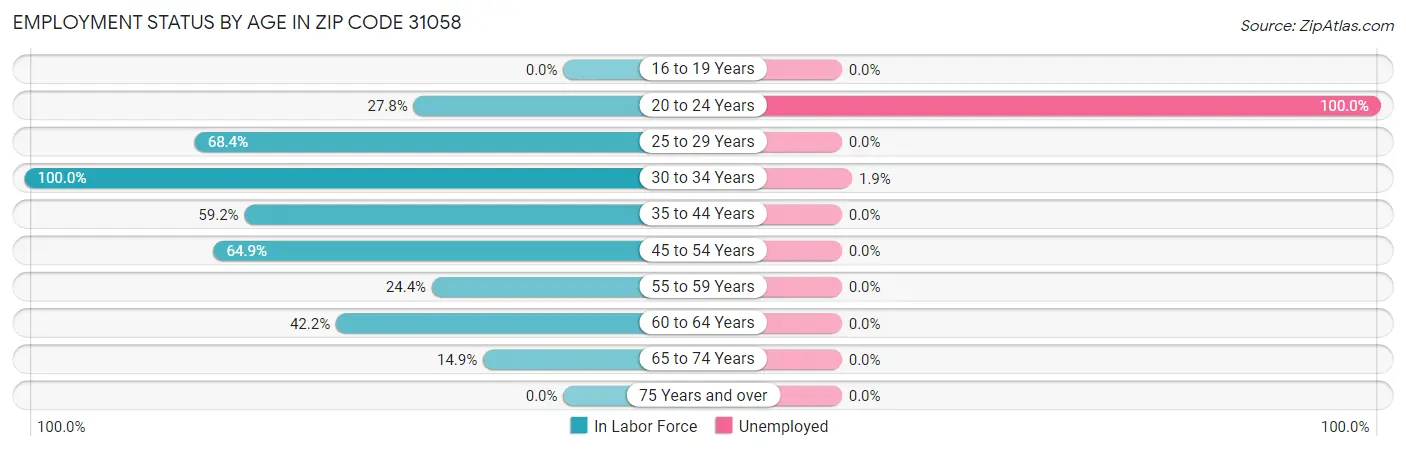 Employment Status by Age in Zip Code 31058