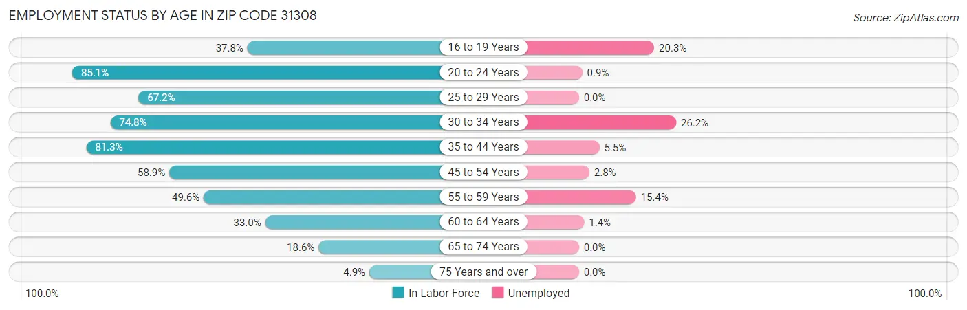 Employment Status by Age in Zip Code 31308