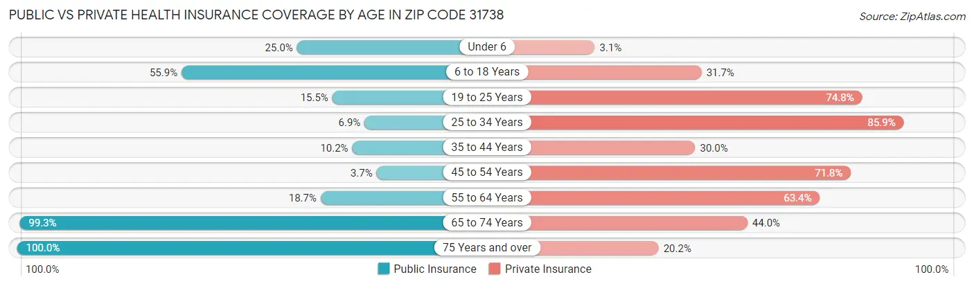 Public vs Private Health Insurance Coverage by Age in Zip Code 31738