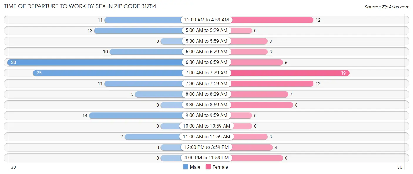 Time of Departure to Work by Sex in Zip Code 31784