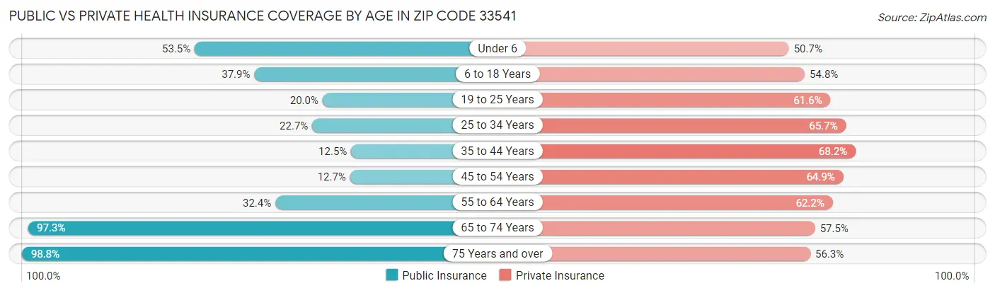 Public vs Private Health Insurance Coverage by Age in Zip Code 33541