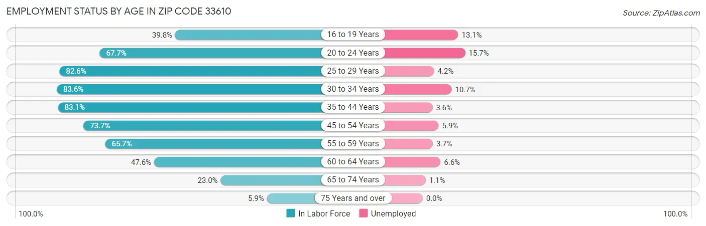 Employment Status by Age in Zip Code 33610