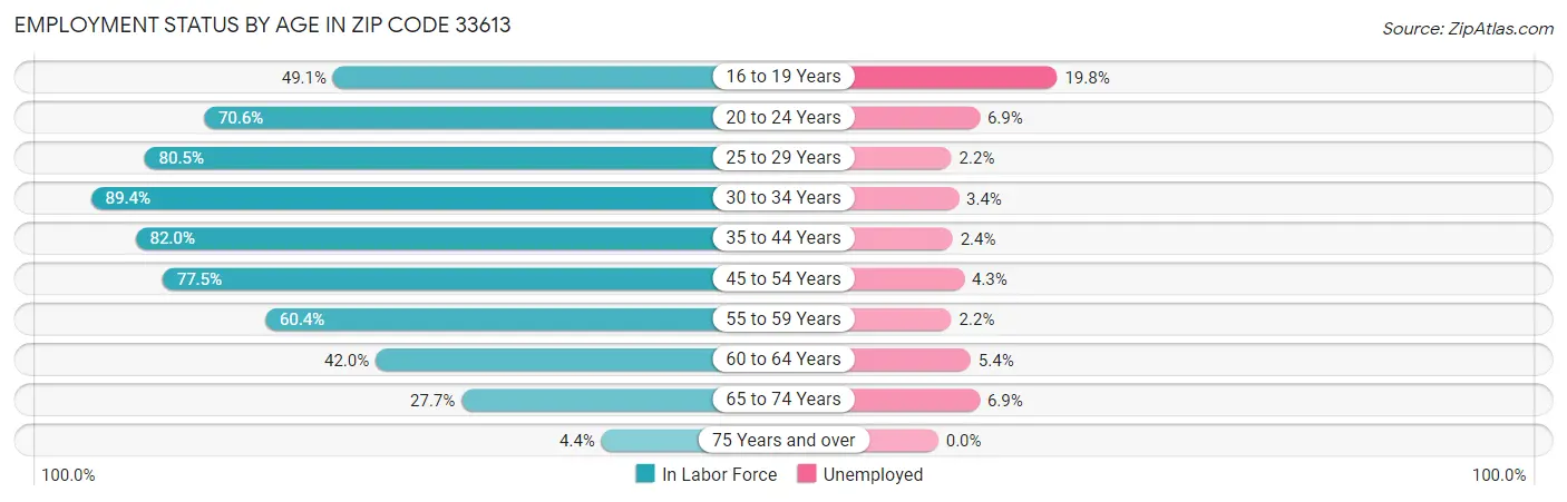 Employment Status by Age in Zip Code 33613