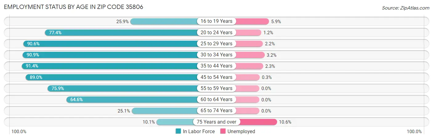 Employment Status by Age in Zip Code 35806