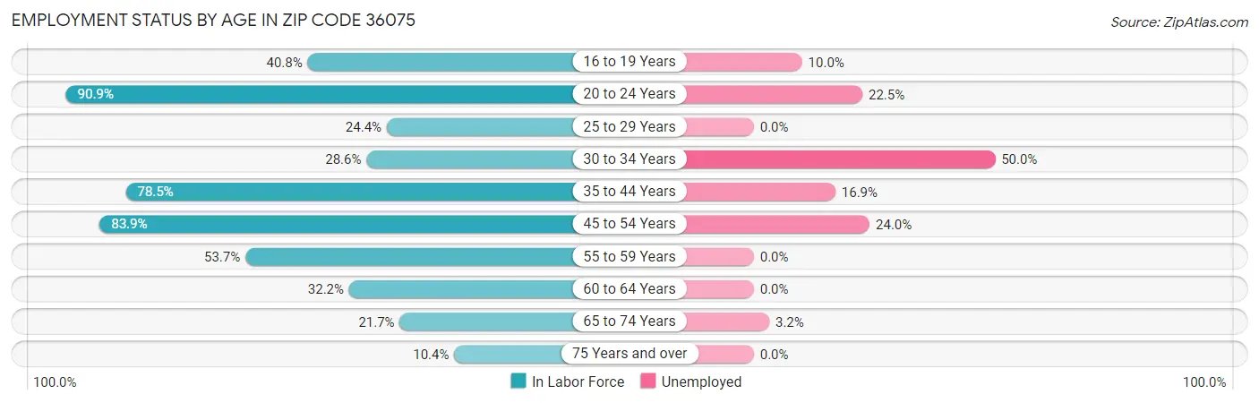 Employment Status by Age in Zip Code 36075