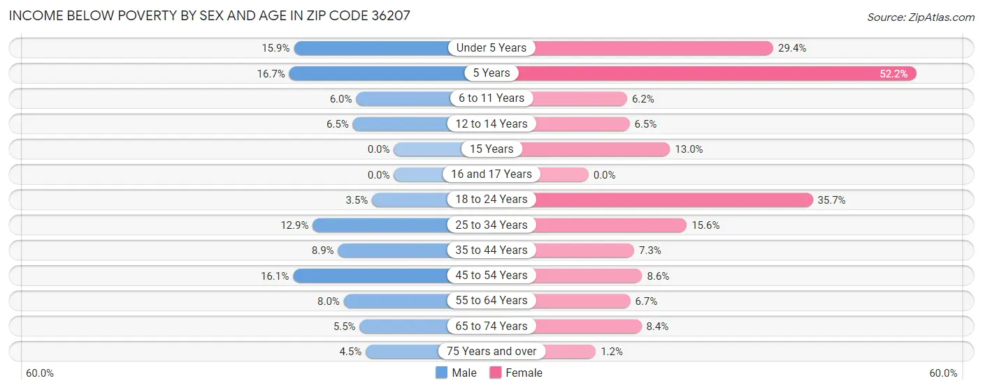 Income Below Poverty by Sex and Age in Zip Code 36207