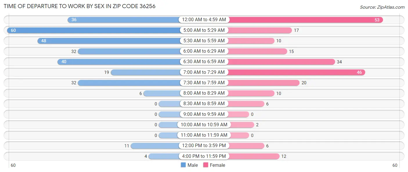 Time of Departure to Work by Sex in Zip Code 36256