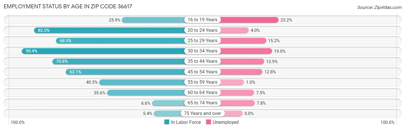 Employment Status by Age in Zip Code 36617