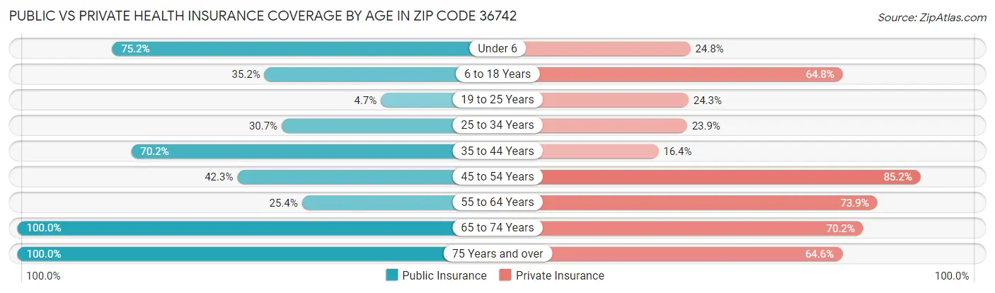 Public vs Private Health Insurance Coverage by Age in Zip Code 36742