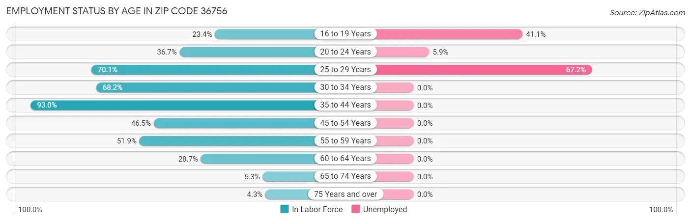 Employment Status by Age in Zip Code 36756
