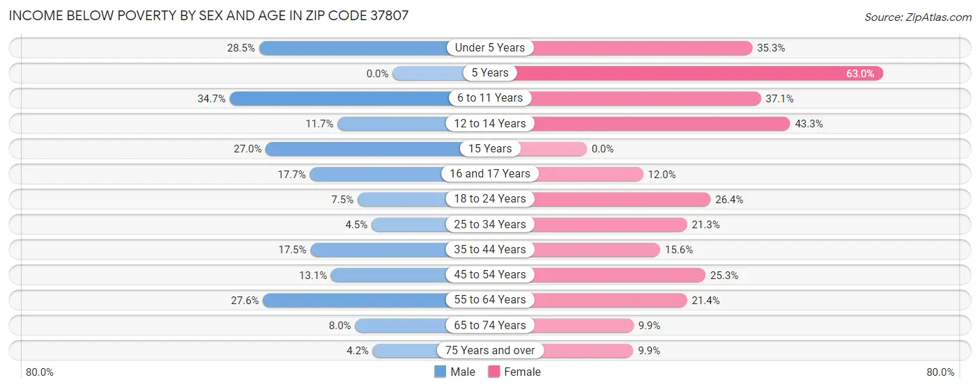 Income Below Poverty by Sex and Age in Zip Code 37807