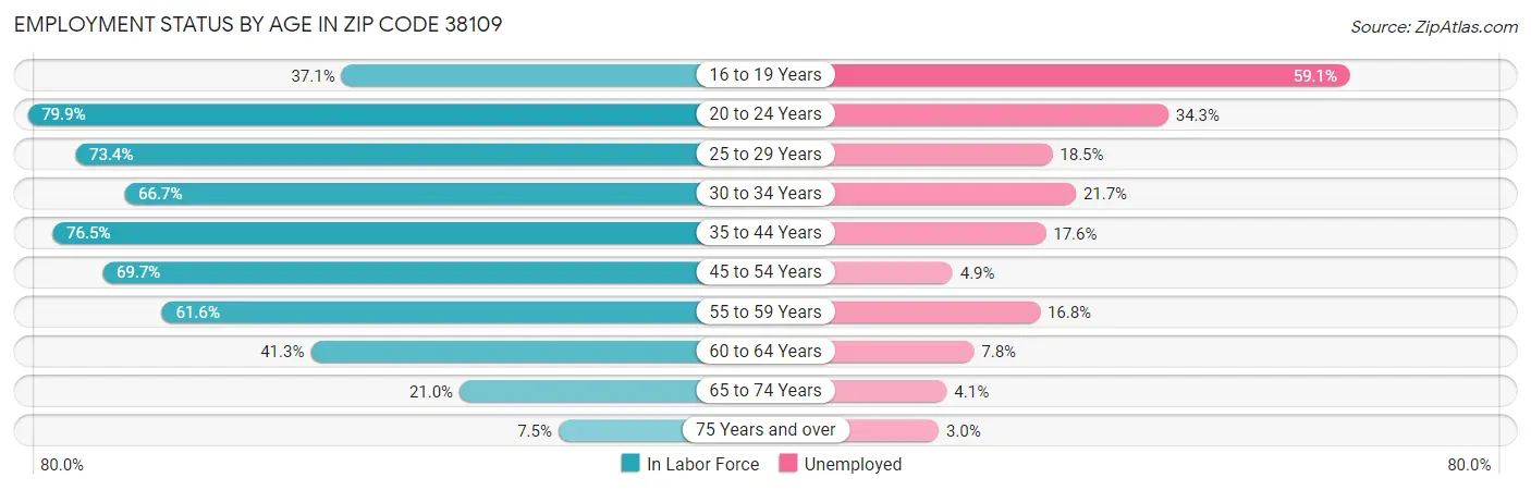 Employment Status by Age in Zip Code 38109
