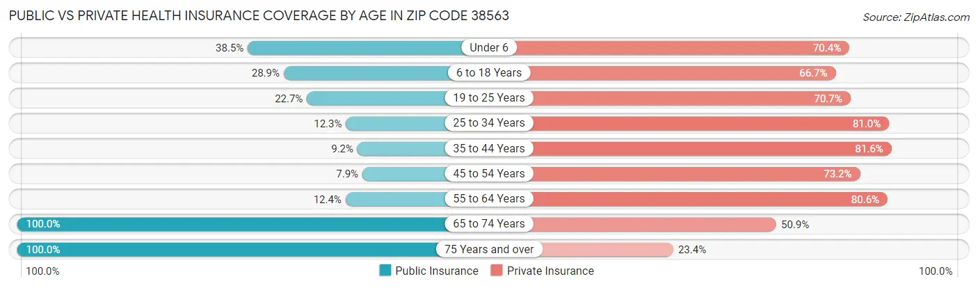 Public vs Private Health Insurance Coverage by Age in Zip Code 38563