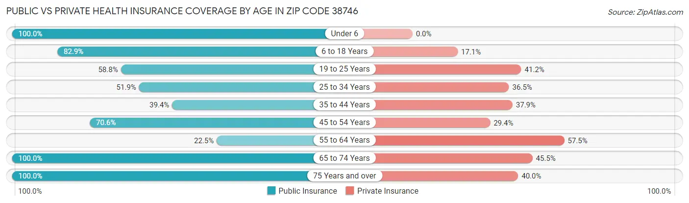 Public vs Private Health Insurance Coverage by Age in Zip Code 38746