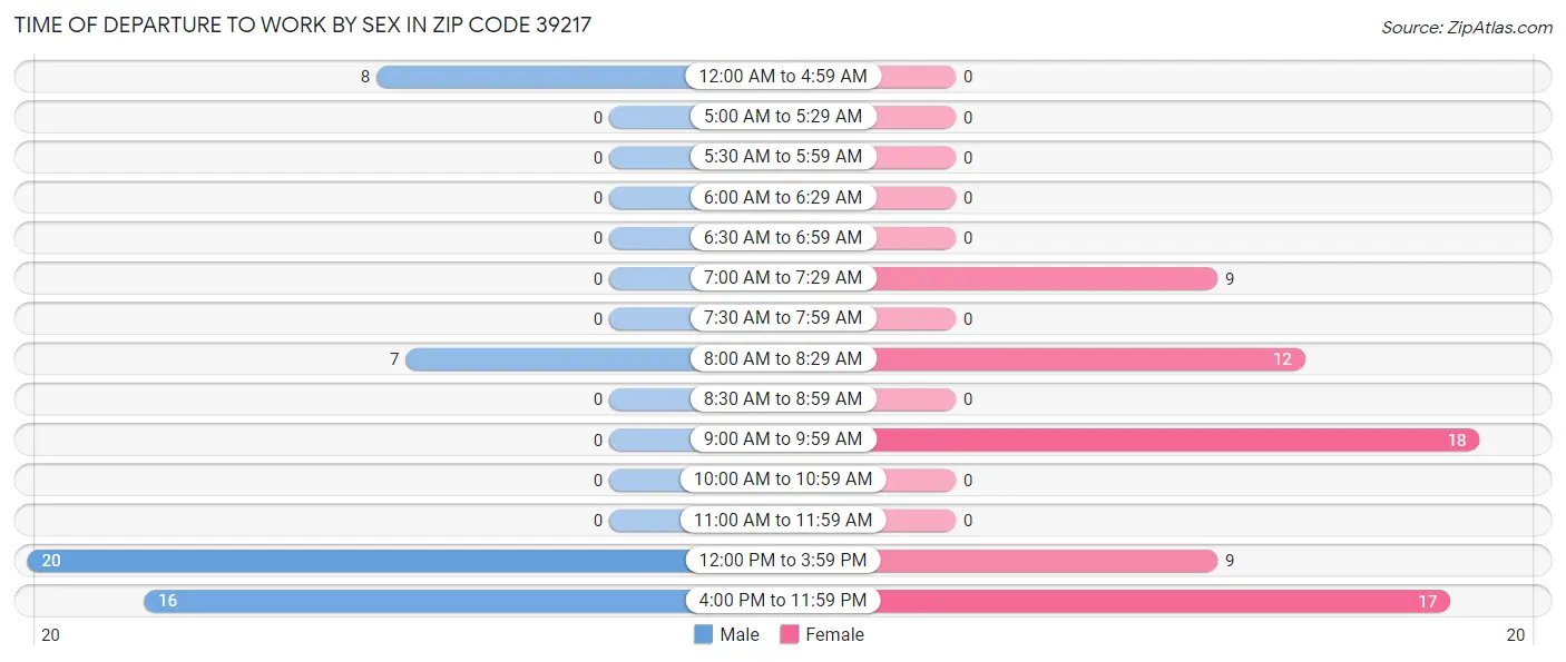 Time of Departure to Work by Sex in Zip Code 39217