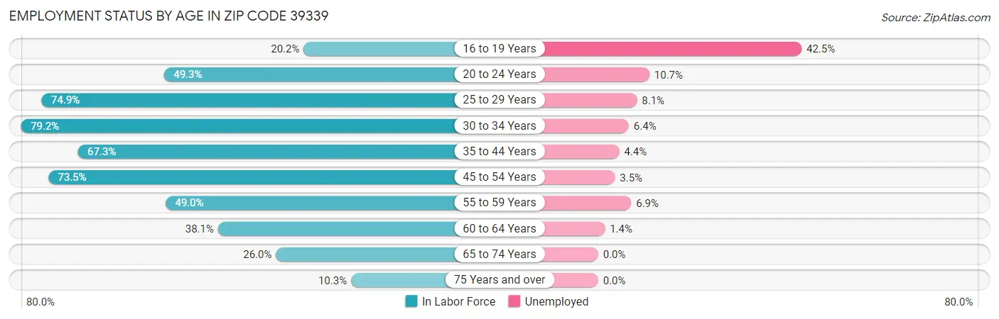 Employment Status by Age in Zip Code 39339