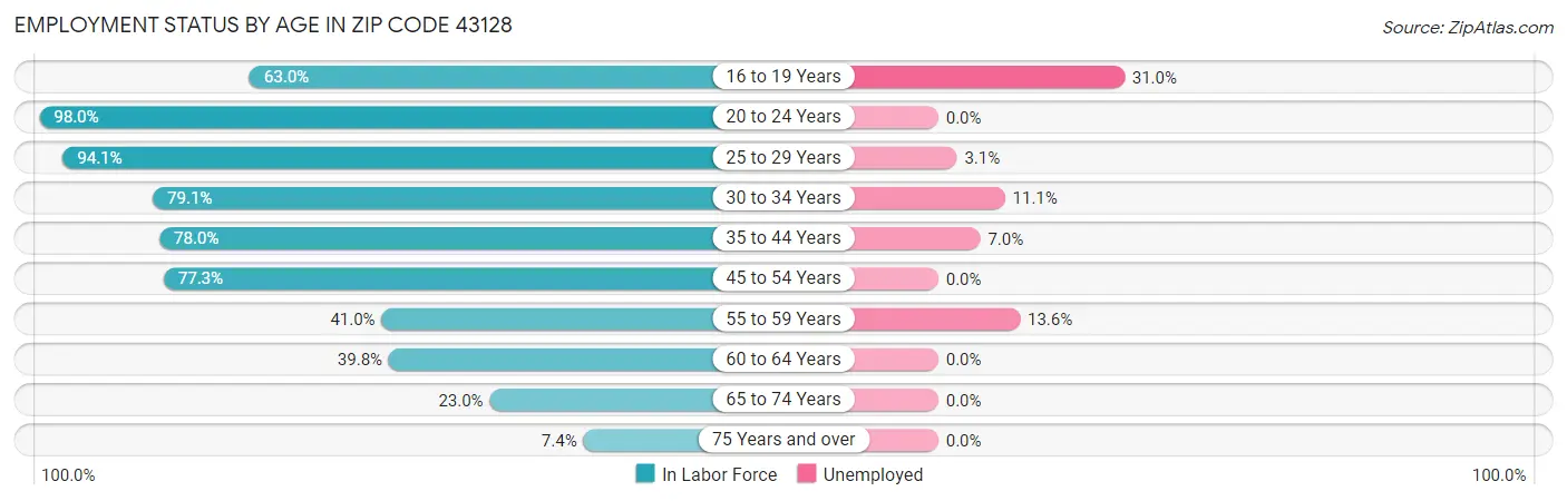 Employment Status by Age in Zip Code 43128