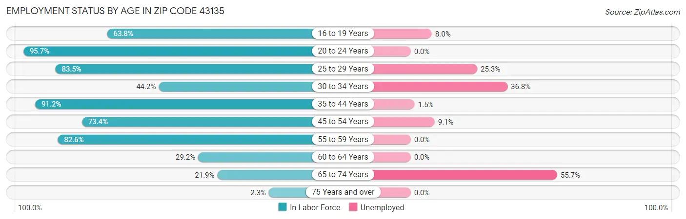 Employment Status by Age in Zip Code 43135