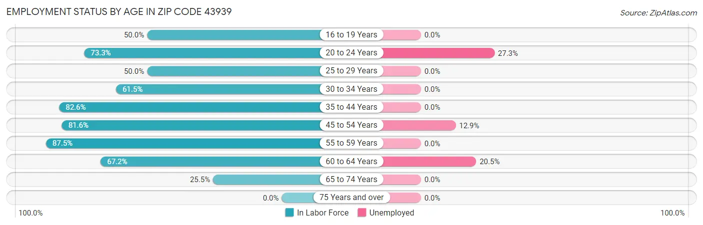 Employment Status by Age in Zip Code 43939