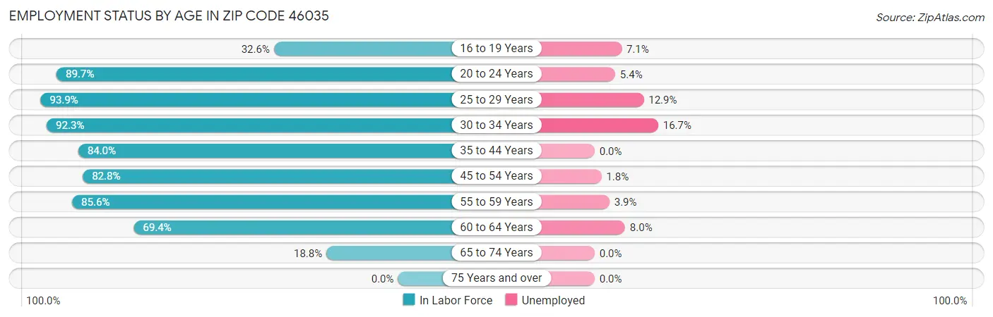 Employment Status by Age in Zip Code 46035