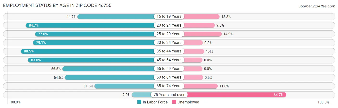 Employment Status by Age in Zip Code 46755