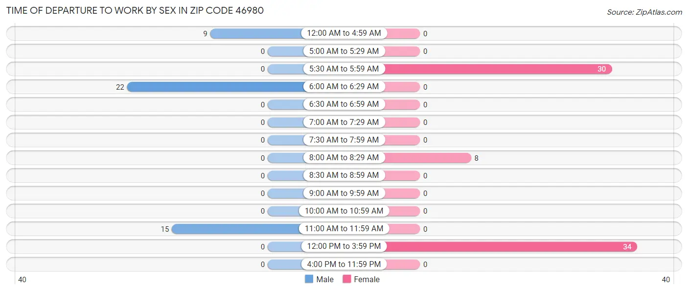 Time of Departure to Work by Sex in Zip Code 46980