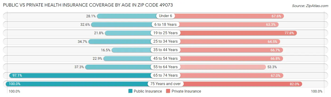 Public vs Private Health Insurance Coverage by Age in Zip Code 49073