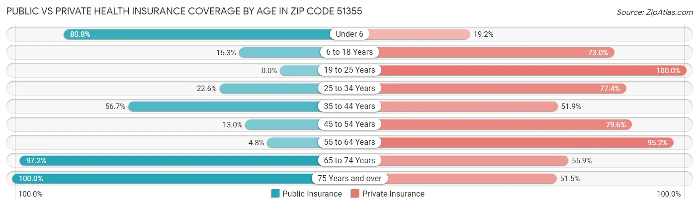 Public vs Private Health Insurance Coverage by Age in Zip Code 51355