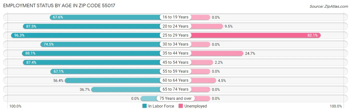 Employment Status by Age in Zip Code 55017