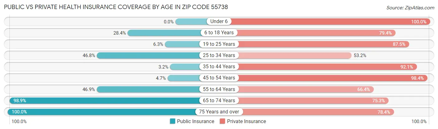 Public vs Private Health Insurance Coverage by Age in Zip Code 55738