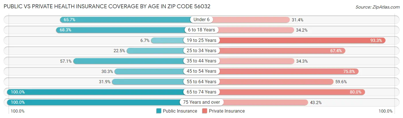Public vs Private Health Insurance Coverage by Age in Zip Code 56032