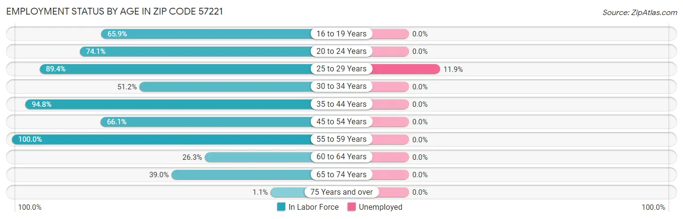 Employment Status by Age in Zip Code 57221