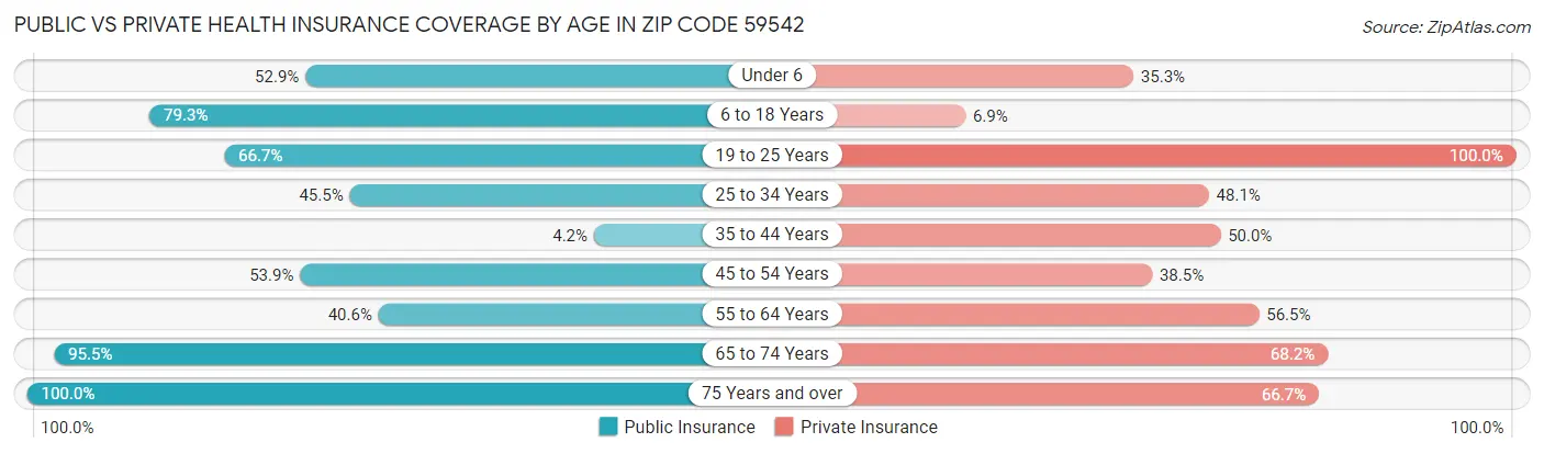 Public vs Private Health Insurance Coverage by Age in Zip Code 59542