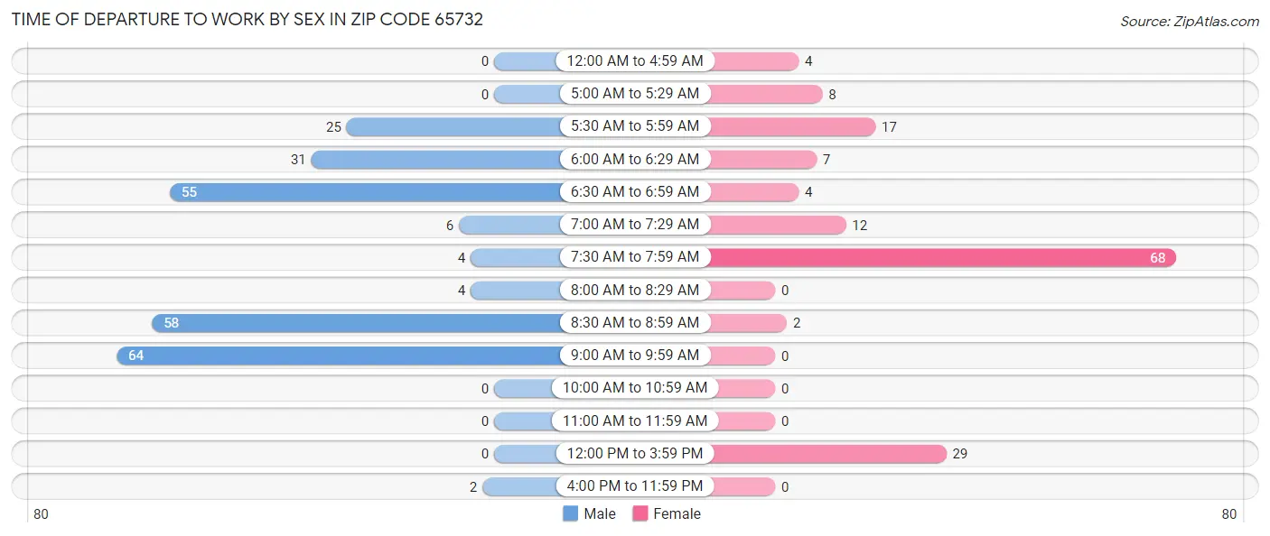 Time of Departure to Work by Sex in Zip Code 65732