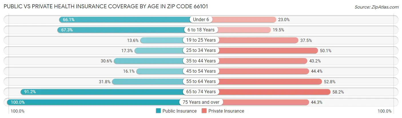 Public vs Private Health Insurance Coverage by Age in Zip Code 66101