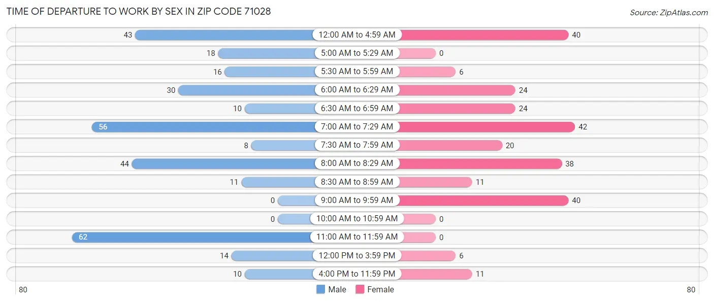 Time of Departure to Work by Sex in Zip Code 71028