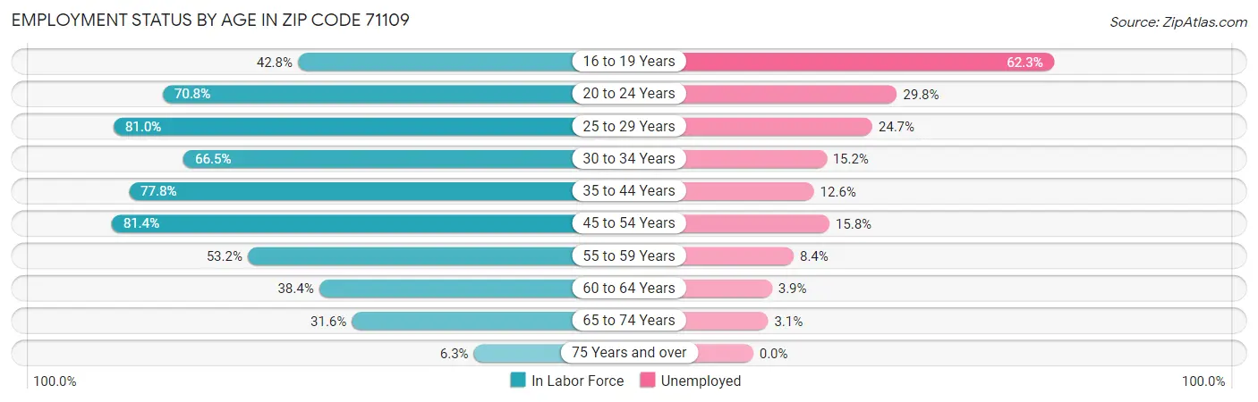 Employment Status by Age in Zip Code 71109