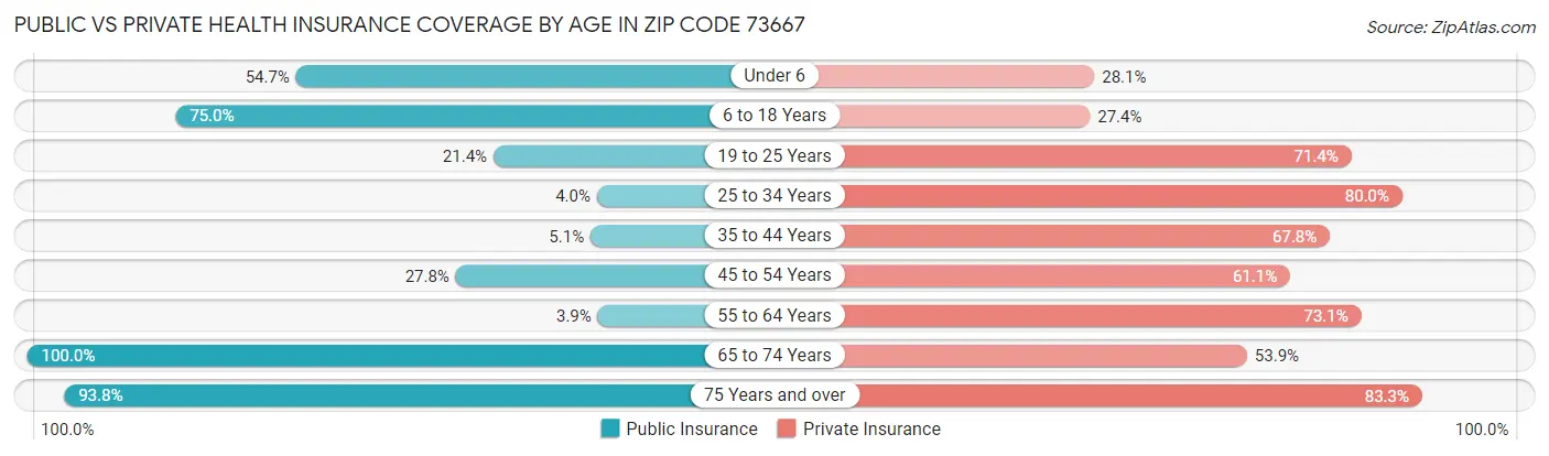 Public vs Private Health Insurance Coverage by Age in Zip Code 73667