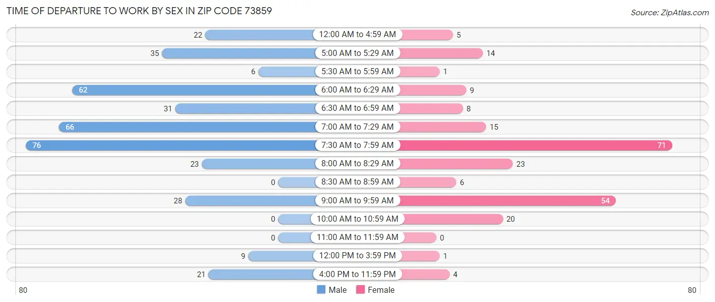 Time of Departure to Work by Sex in Zip Code 73859