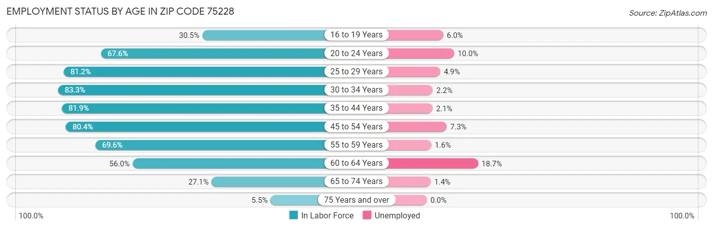 Employment Status by Age in Zip Code 75228