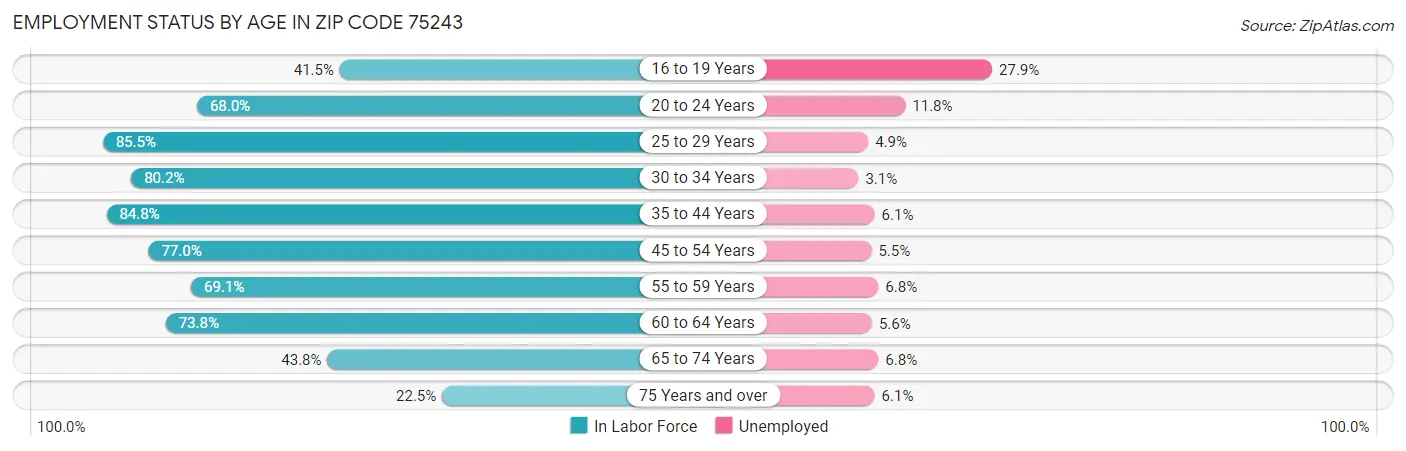 Employment Status by Age in Zip Code 75243