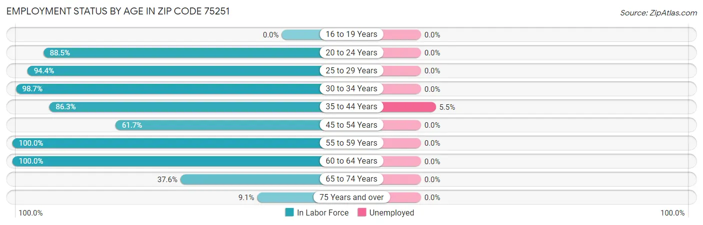 Employment Status by Age in Zip Code 75251