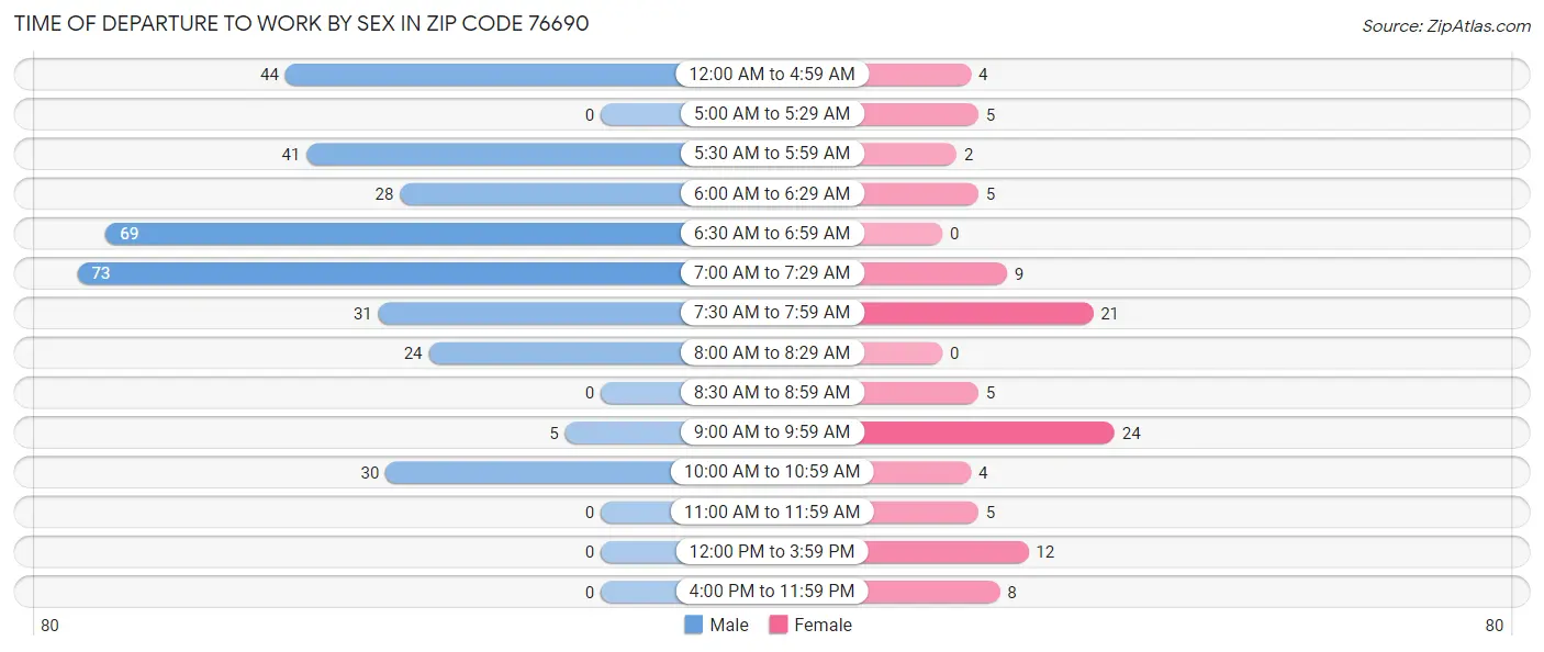 Time of Departure to Work by Sex in Zip Code 76690